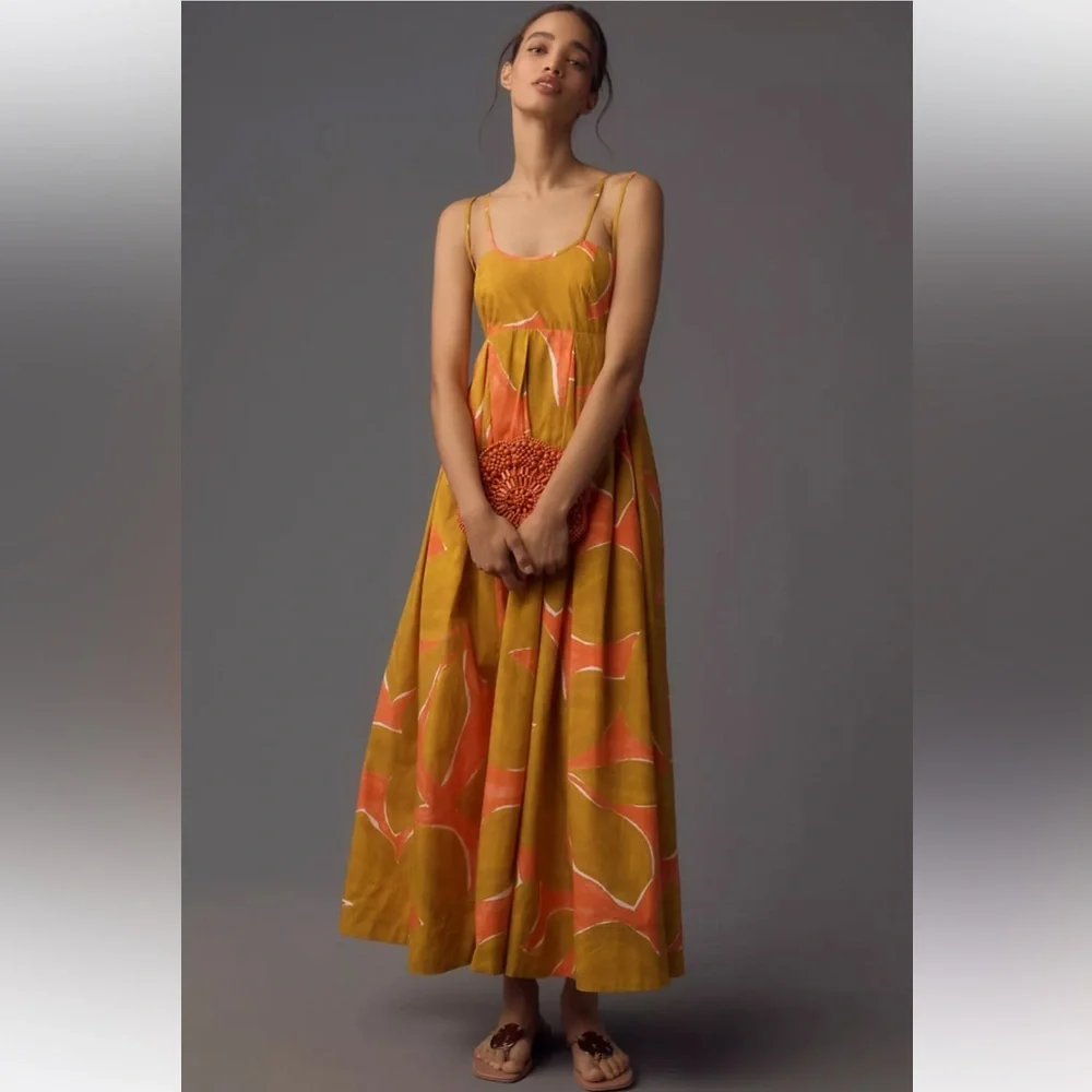 NWT Anthropologie Babydoll Midi Dress Coral Orange Lime Brown Size S Small - Picture 1 of 12